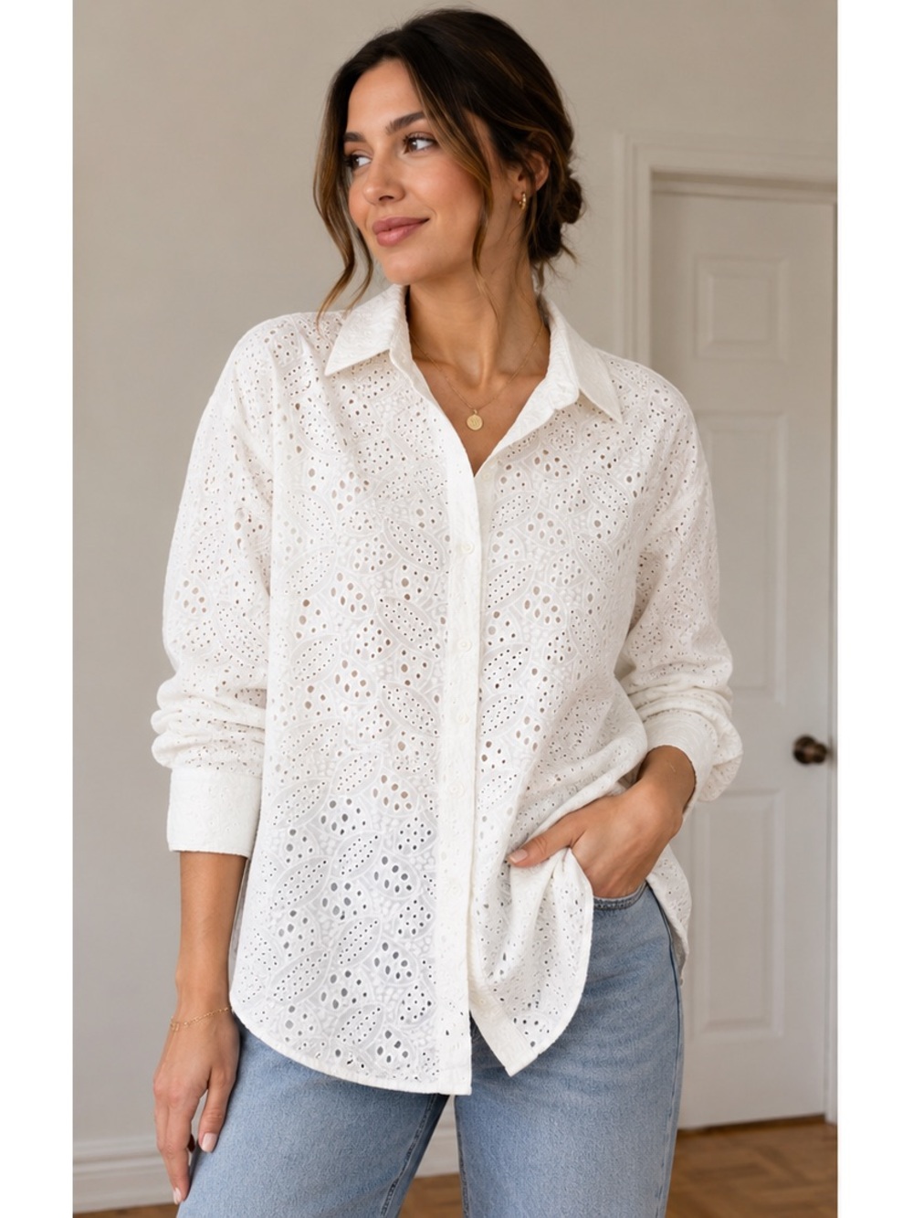 Zara White Eyelet Embroidered Button-Up Shirt